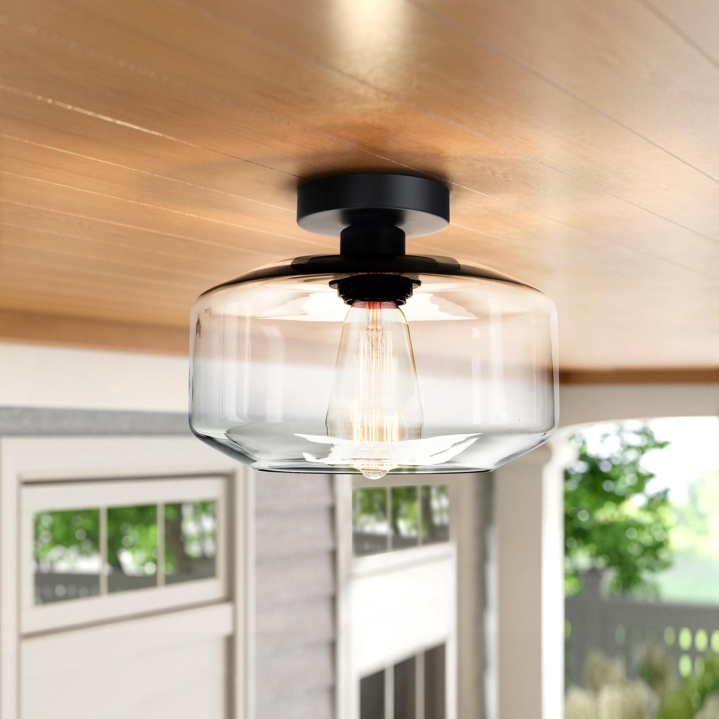 MAXvolador Industrial Semi Flush Mount Ceiling Light Extra Large, Clear Glass Pendant Lamp Shade, Vintage Hanging Light Fixtures, Lighting for Hallway
