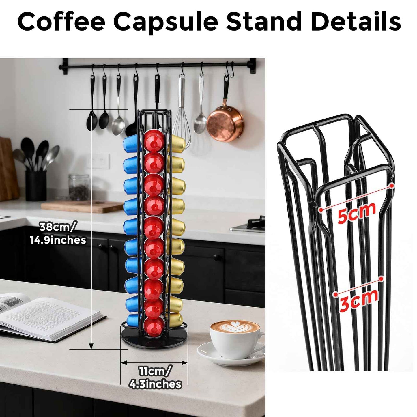 Coffee Pod Holder Compatible with Nespresso Original Capsule– Holds 40 Pods, 360° Rotating Coffee Carousel Storage, Space-Saving Countertop Organizer, Stylish Gift for Coffee Lovers (Black)