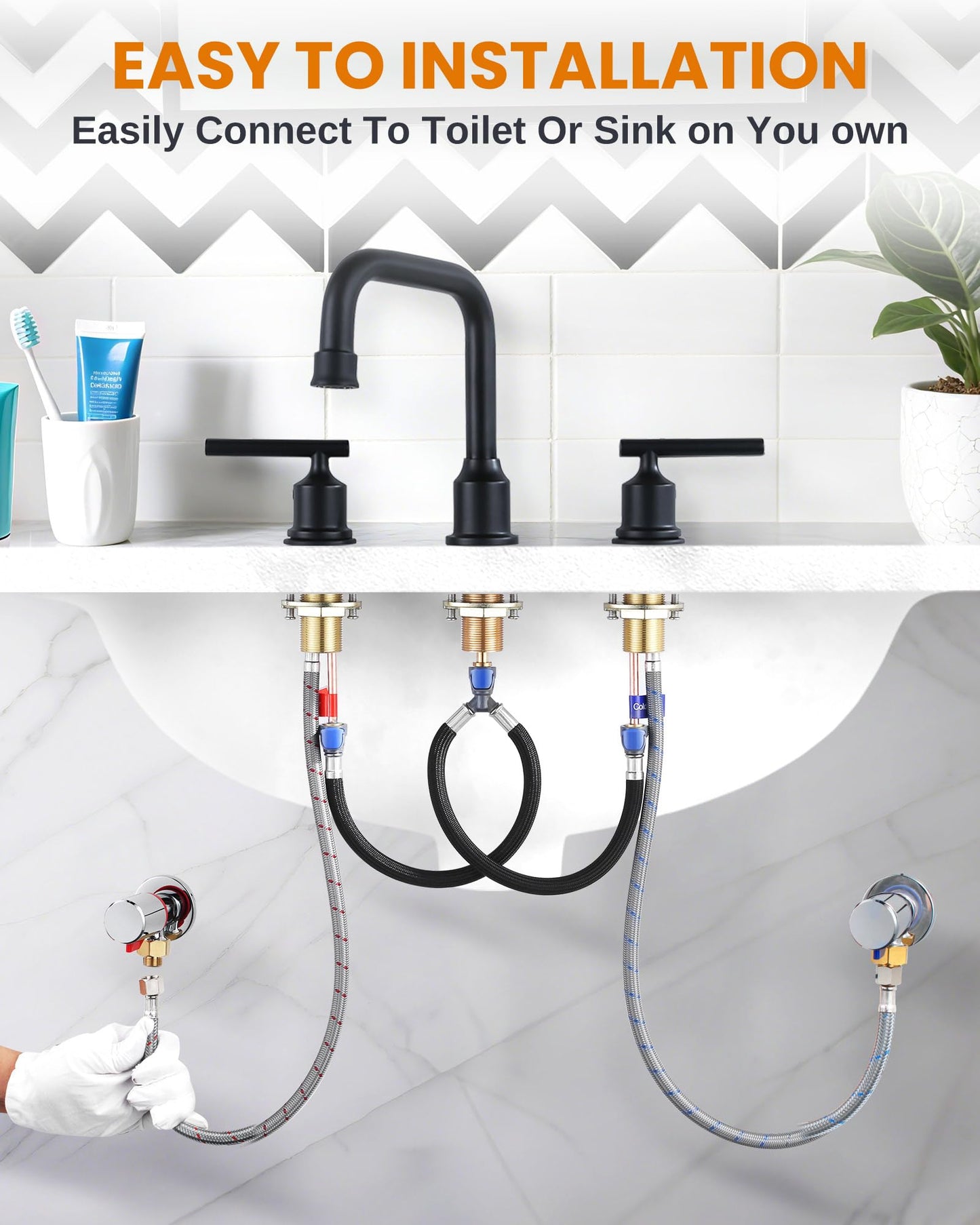 Faucet Supply Lines:WOWOW 16" Length Bathroom Kitchen Faucet Sink Hose with 3/8" Female Compression Thread x M8 Male Connector, Braided Nylon cUPC Water Supply Line 2PCS