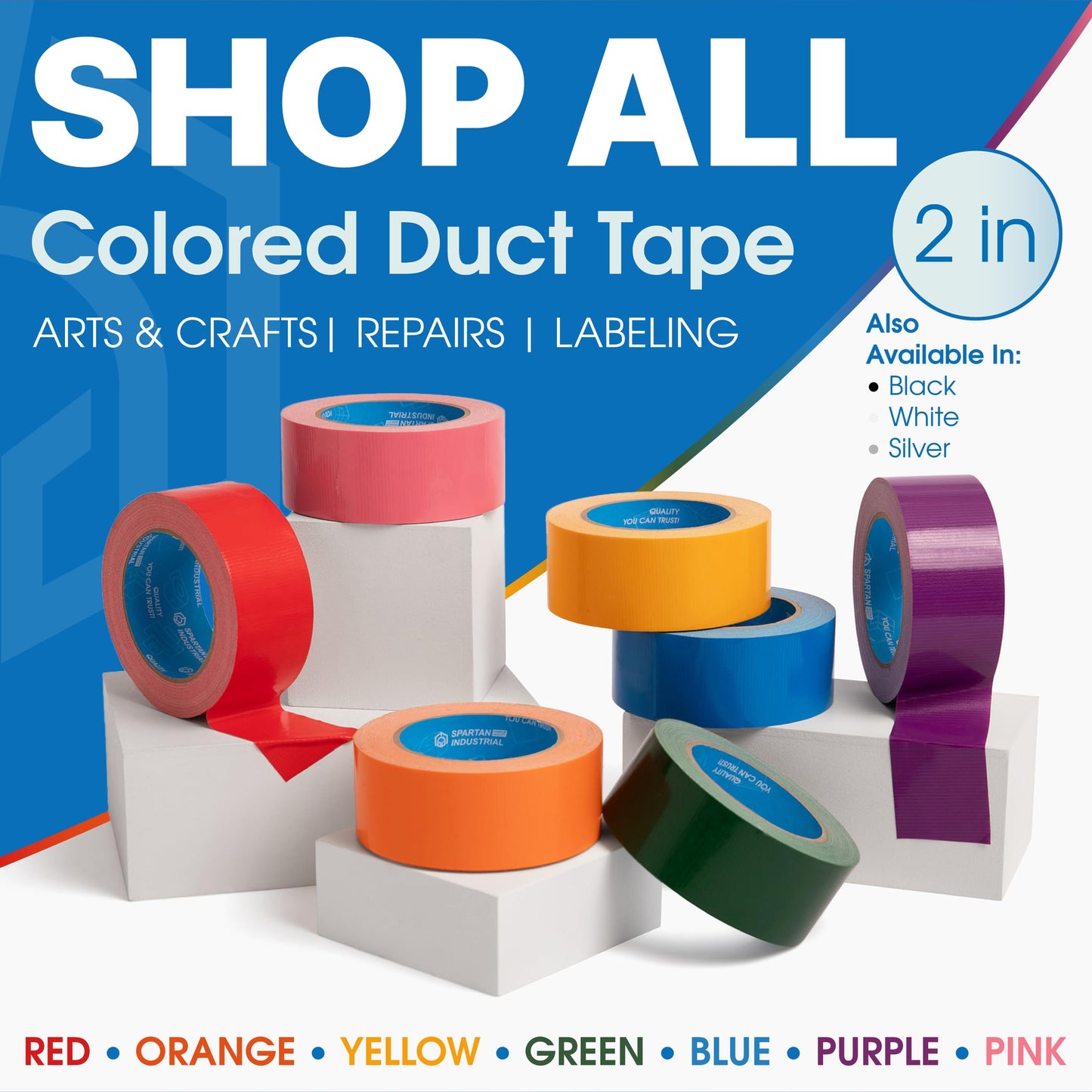 SPARTAN INDUSTRIAL - 2" X 30 yd Red Duct Tape - 2 Colored Tape Rolls for Crafts, Repairs, and More - No Residue, 9 Mil