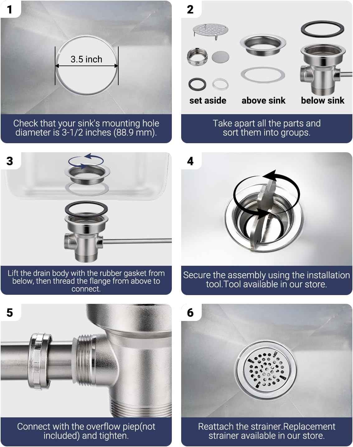 3.5-Inch Commercial Sink Drain with Twist Lever Handle & Overflow Inlet – Leakproof Waste Valve for 2/3 Compartment Restaurant Sinks