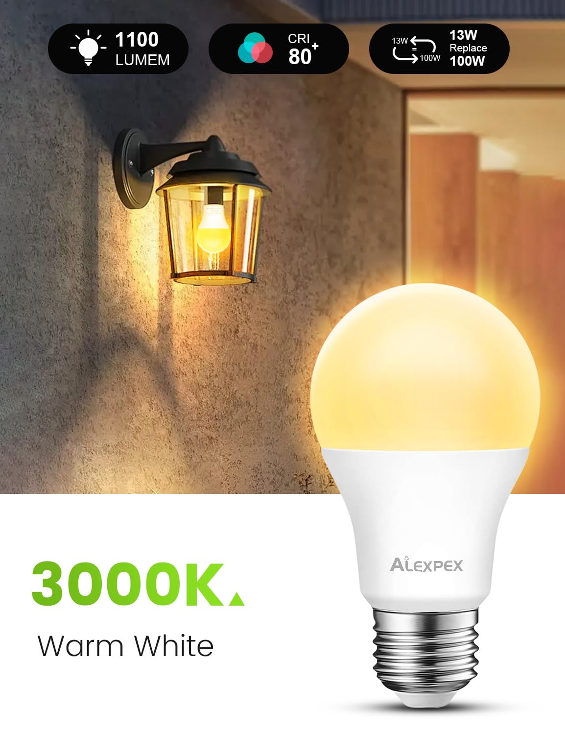 ALEXPEX Dusk to Dawn LED Light Bulbs, 13W(100W Equivalent) 1100LM, 3000K Warm White, A19 E26 Automatic Sensor Lighting for Indoor Outdoor, Lightbulbs for Porch, Front Door, Entryway, 3 Pack