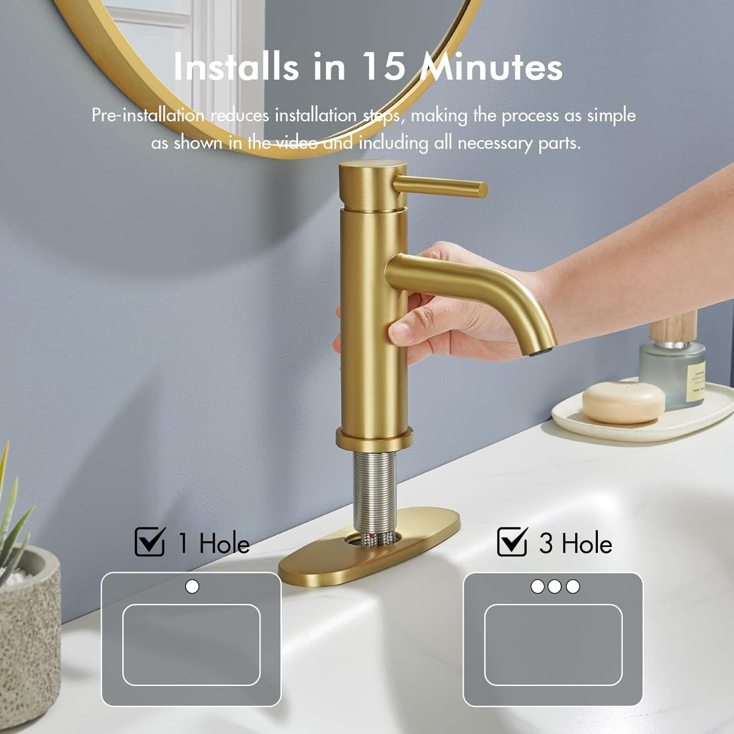 WINKEAR Gold Bathroom Faucet - Modern Single Hole Sink Faucet with Pop-up Drain & Flexible Hoses