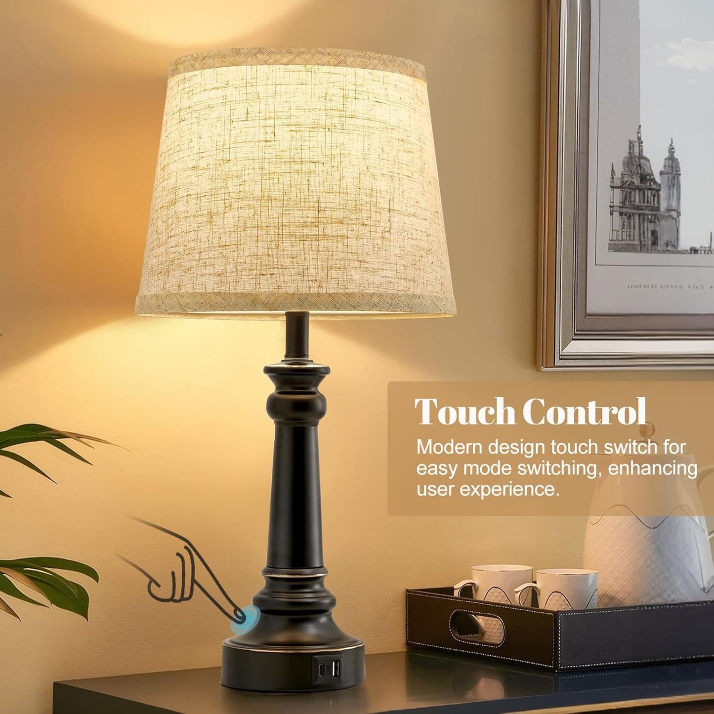 Touch Bedside Table Lamps Set of 2 with USB C+A Ports - 3-Way Dimmable Linen Shade
