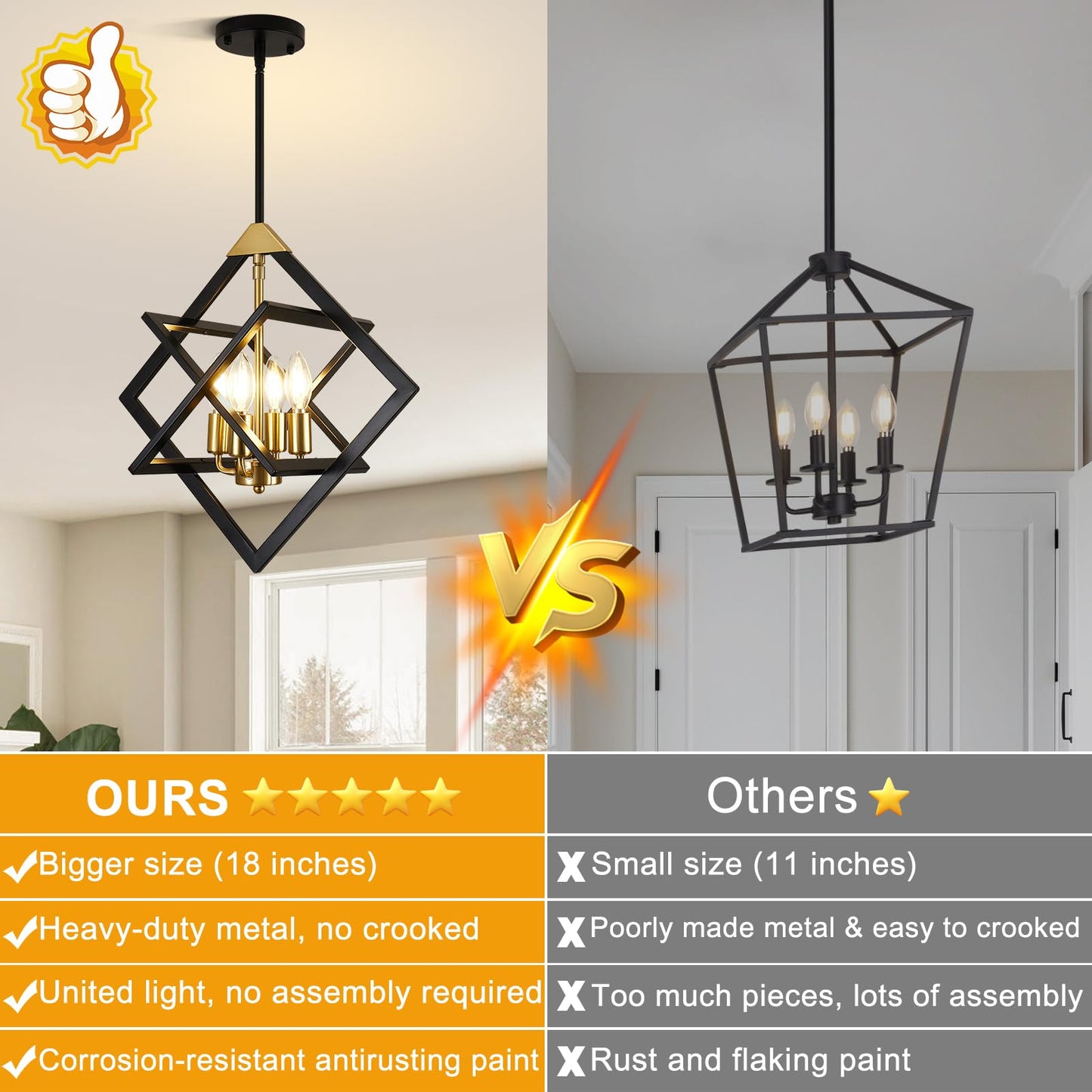 18" Farmhouse Chandelier, 4-Light Geometric Ceiling Dining Room Fixture, Modern Industrial Foyer Lighting Fixtures, Black and Gold Hanging Pendant Lights for Bedroom, Kitchen Island, Hallway, Entryway