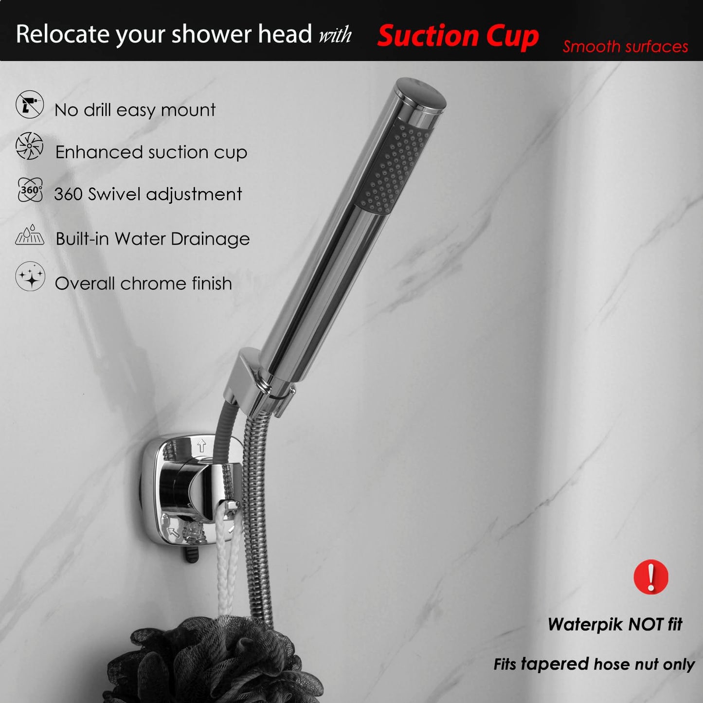 Suction Cup Handheld Shower Head Holder - Reusable - 360 Swivel Adjustable - Wall Mount Shower Wand Holder - ( Chrome Finish)