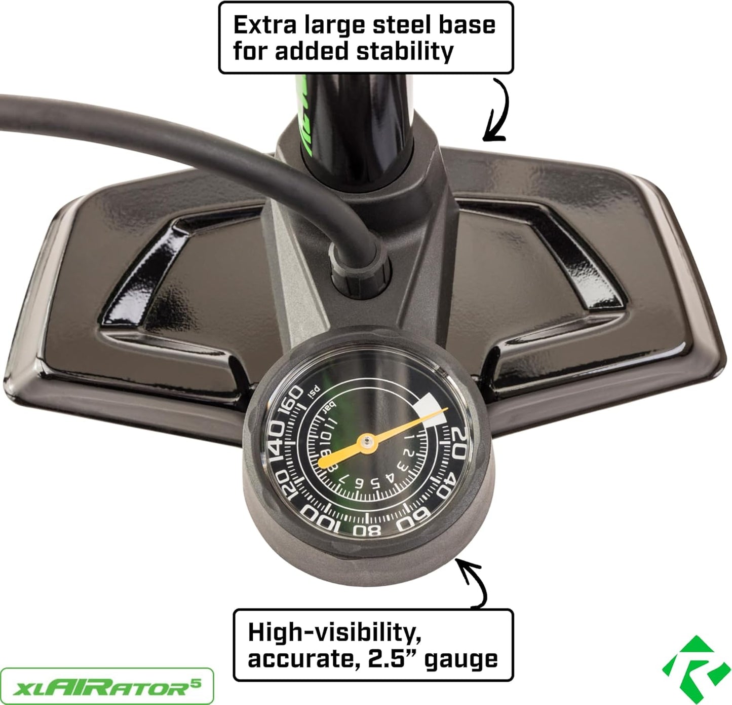 Revere xlAIRator 5 Bike Floor Pump - 160 PSI Dual Valve Compatibility | Extra-Large Gauge & 41" Hose