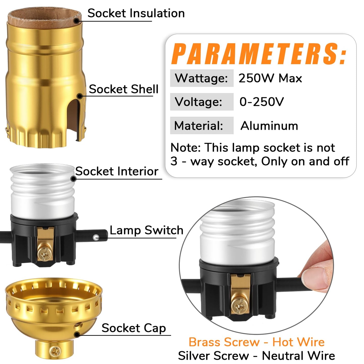 Saysurey 4 Pack UL Listed Lamp Socket with Push On/Off, E26 Threaded Base, Medium Screw Push Socket, Lamp Parts for Floor and Table Lamps, DIY Project, Gold