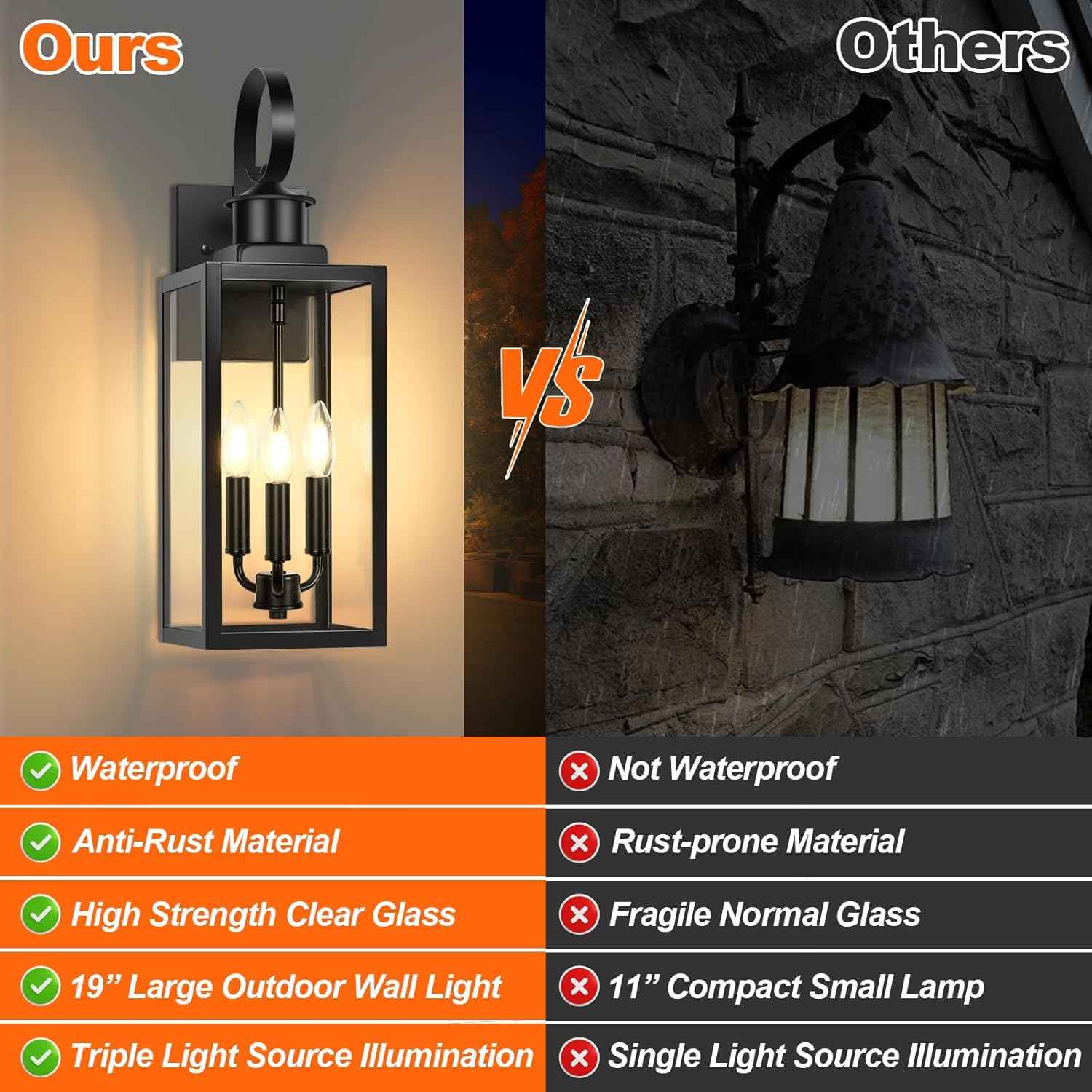 3-Light Waterproof Outdoor Wall Lantern - Black Sconce Fixture for Porch & Garage