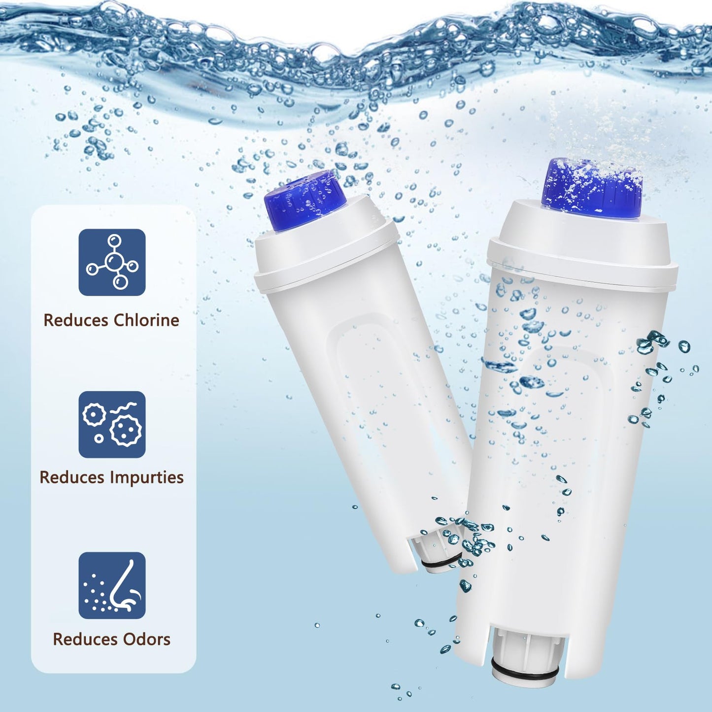 2 Packs DLSC002 Coffee Machine Filters Replacement for DeLonghi Coffee Machines, Water Filter Cartridges Activated Carbon Softener, Compatible with ECAM, ESAM, ETAM, BCO, EC