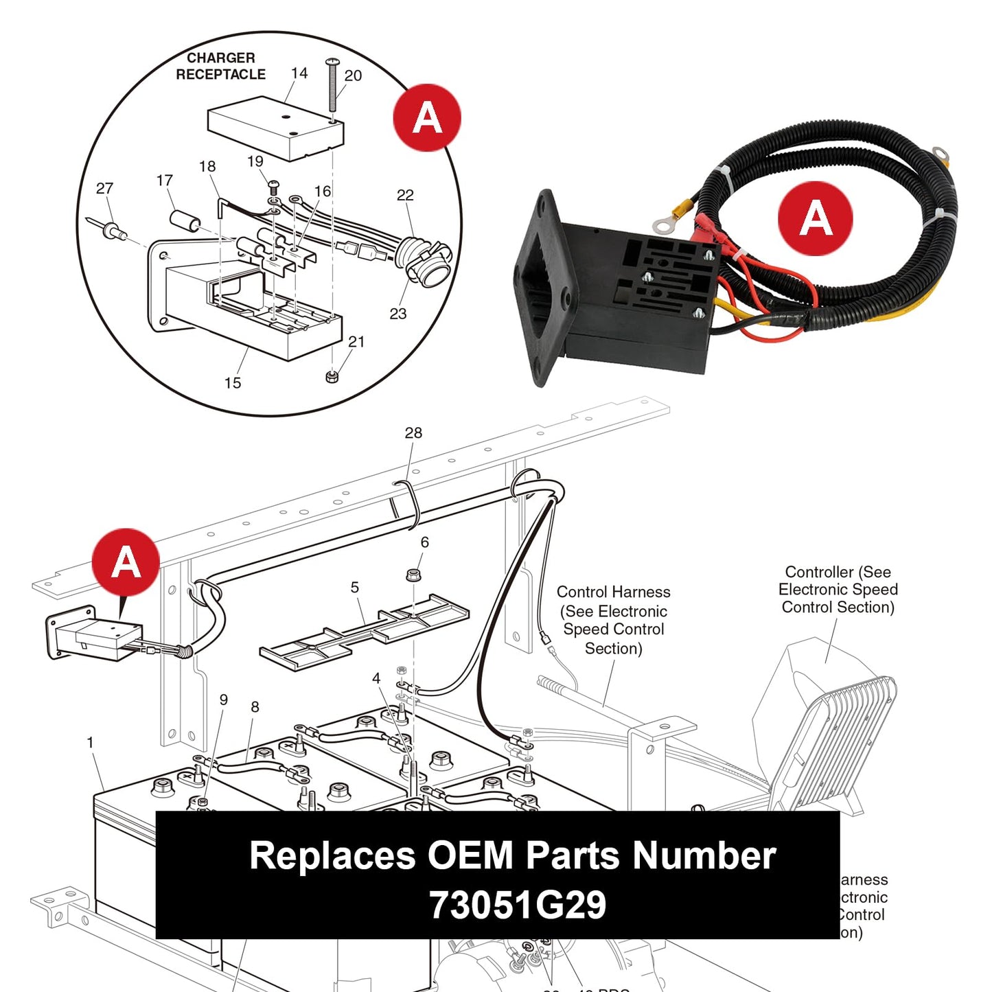 Roykaw Golf Cart Powerwise Charger Receptacle with Harness & Reed Switch Compatible with EZGO TXT/Medalist/Workhorse 36V Golf Cart Models Replaces OEM # 73051G29, 73063-G01