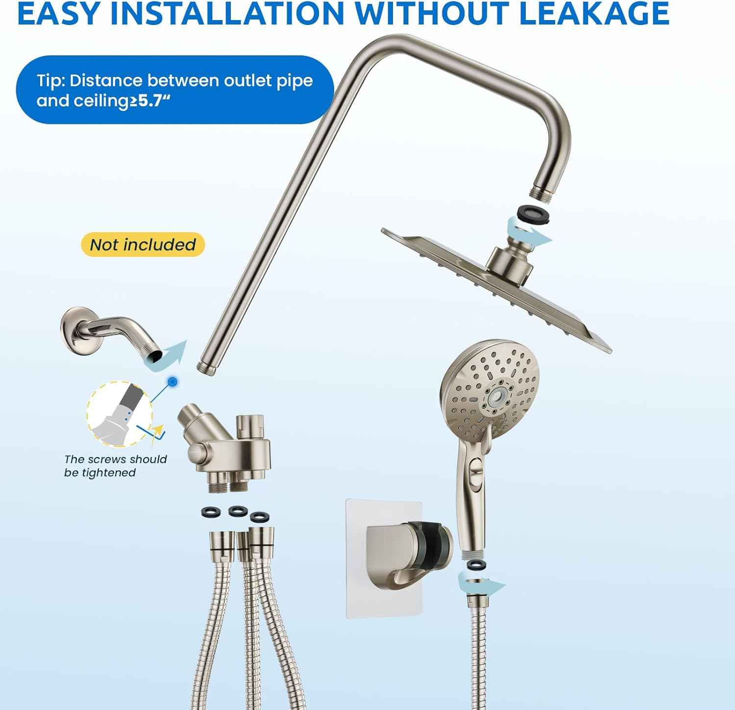 High Pressure Dual Shower Head Combo with Handheld - 8" Rainfall & 6 Spray Settings, Adjustable Brushed Nickel