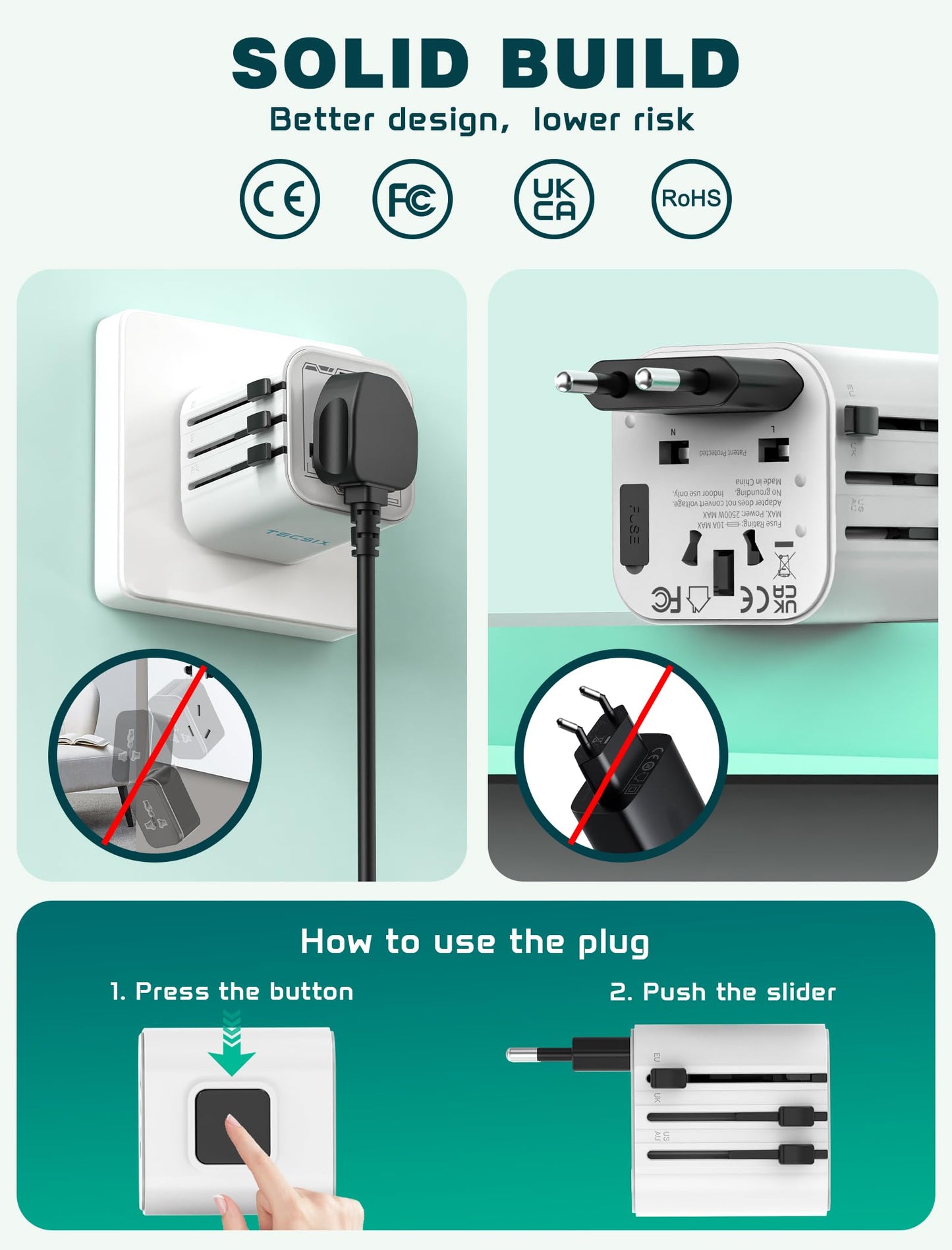 Universal Travel Adapter Worldwide, TECSIX Compact Travel Power Plug Adapter (Type A C G I), 2500W Internetional Wall Charger Outlet Adaptor to Europe, India, UK, US, AUS, Asia 200+ Countries