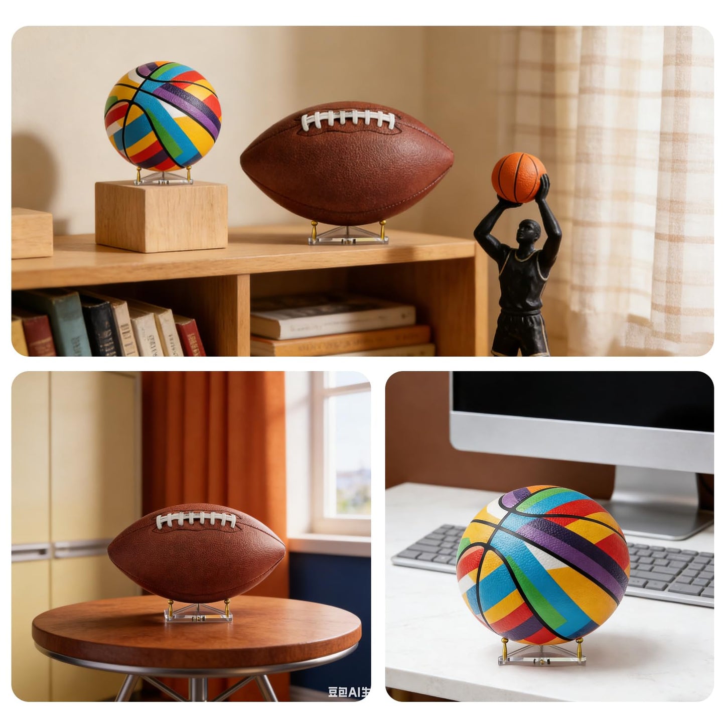 DHSUN 3-Pack Acrylic Football Display Stand, Basketball Display Stand with Gold Metal Rods, Ideal for Displaying Basketballs, Footballs, Soccer Balls, and Volleyballs