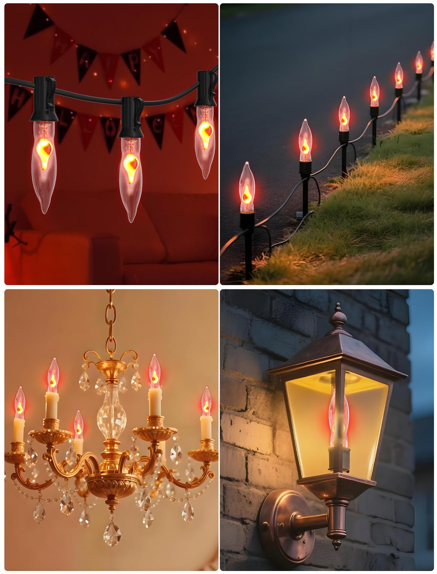 12 Pack E12 Halloween Clear Flicker Flame Light Bulbs, Flickering Night Light Replacement Bulbs, C18 Candle Bulb for Outdoor Halloween Christmas String Lights Electric Window Candle Chandeliers, 1W