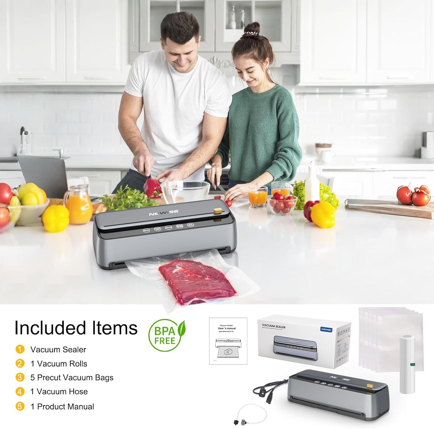 Newise Vacuum Sealer Machine - 85Kpa Powerful Food Preservation for Dry & Moist Items | Built-in Cutter & Self-Cleaning Mode