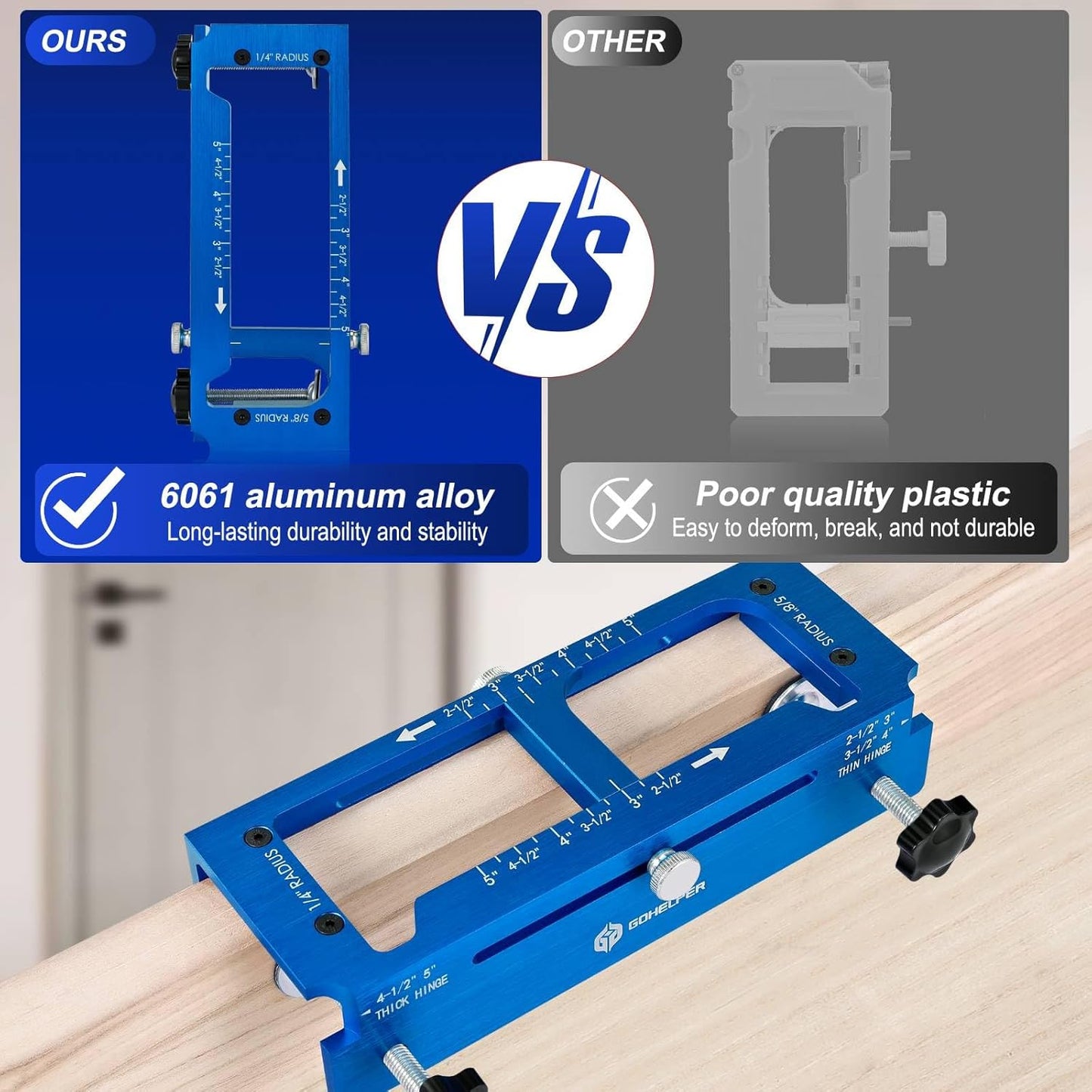Aluminum Door Hinge Jig Template Kit for Router - Adjustable Mortise Tool for 2.5" to 5" Hinges