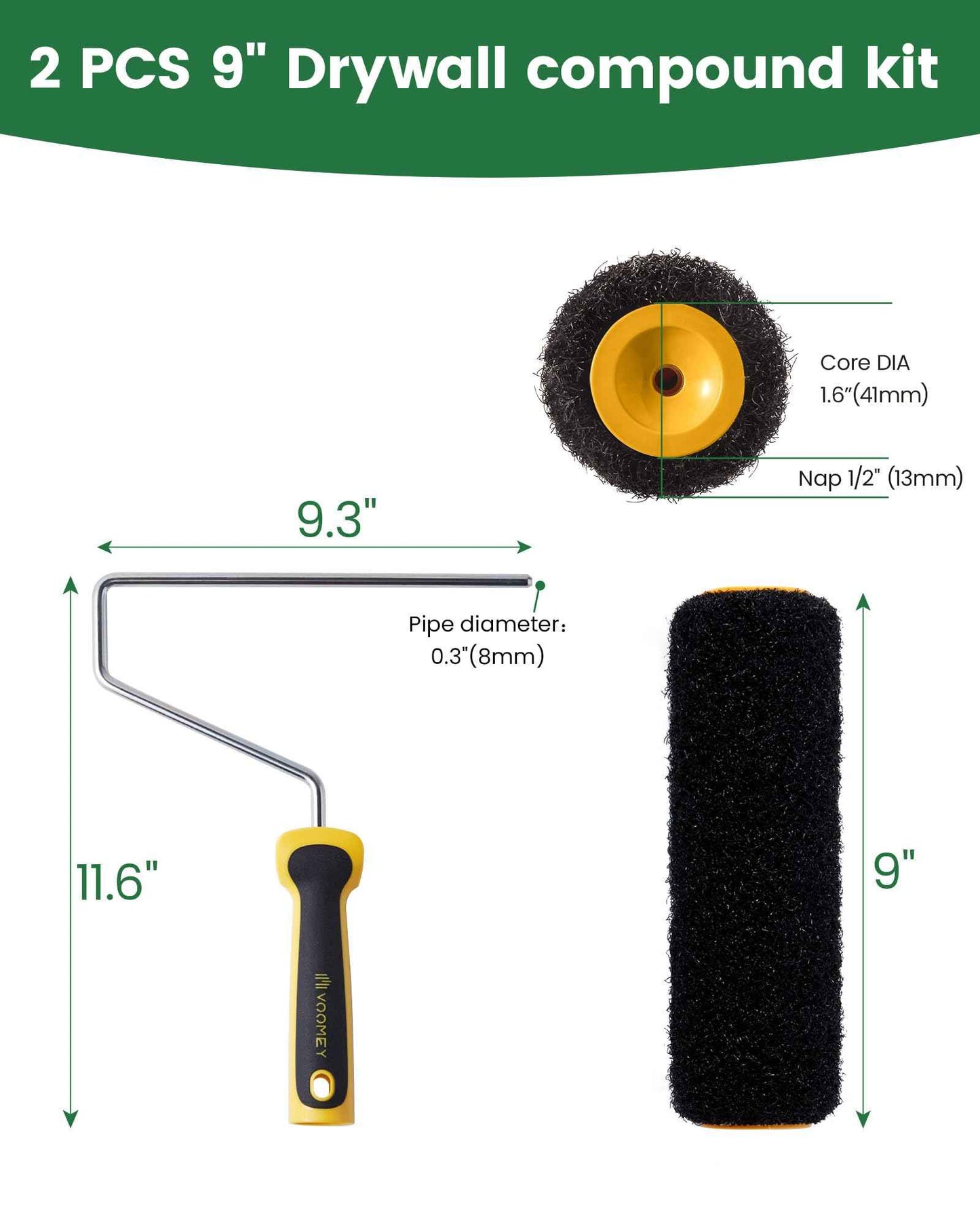 Voomey 9 Inch Drywall Compound Roller Cover with 1 Pcs Paint Roller Frame, Drywall Texture Brush, Suitable for Covering Wall and Ceiling Surfaces