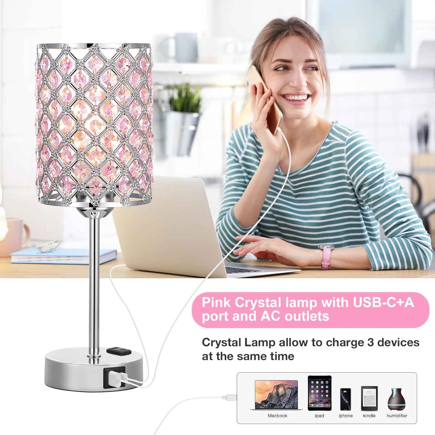 Dimmable Touch Control Crystal Table Lamp Set of 2 with USB-C & AC Ports - Elegant Nightstand Lighting for Bedroom & Living Room