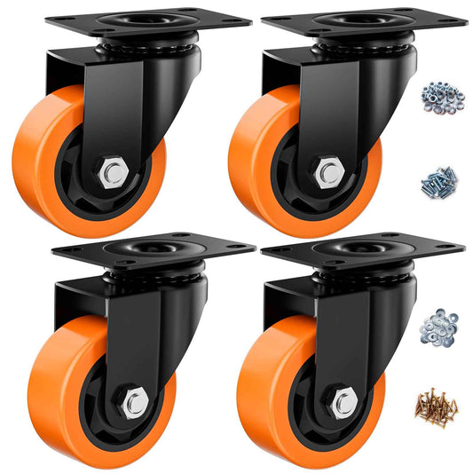ASHGOOB 3 Inch Caster Wheels, Casters Set of 4 Heavy Duty, Orange Polyurethane (PU) Casters, Industrial Swivel Top Plate Castor Wheels for Workbench/Furniture/Cart (Pack of 4)