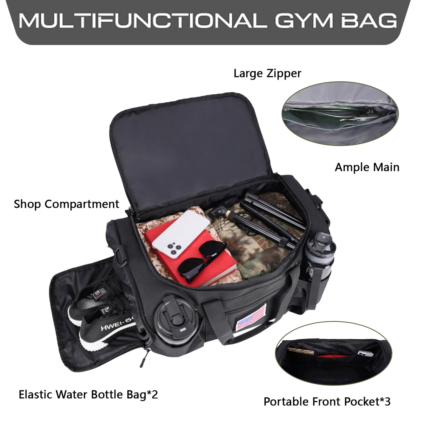 Greencity Gym Bag Duffel Bag with Shoe Compartment for Men Sports Duffels Bag Fitness (Black)