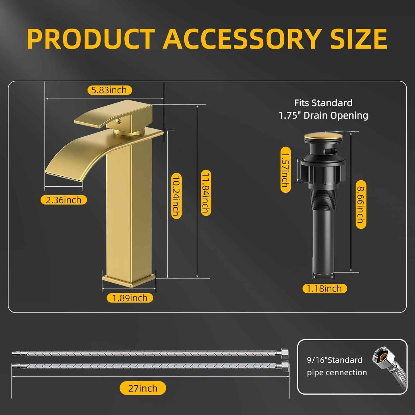 Modern Brushed Gold Bathroom Faucet with Waterfall Spout & Pop-Up Drain - Single Handle Vanity Sink Faucet