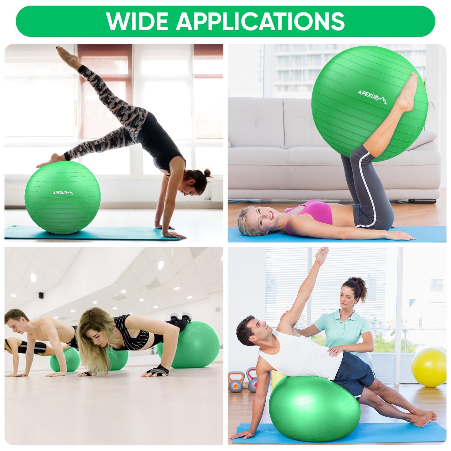 APEXUP Yoga Ball, 660 lbs Anti-Burst Exercise Ball with Pump, 5 Sizes (XL (27"~30") 75cm, Dark Green)