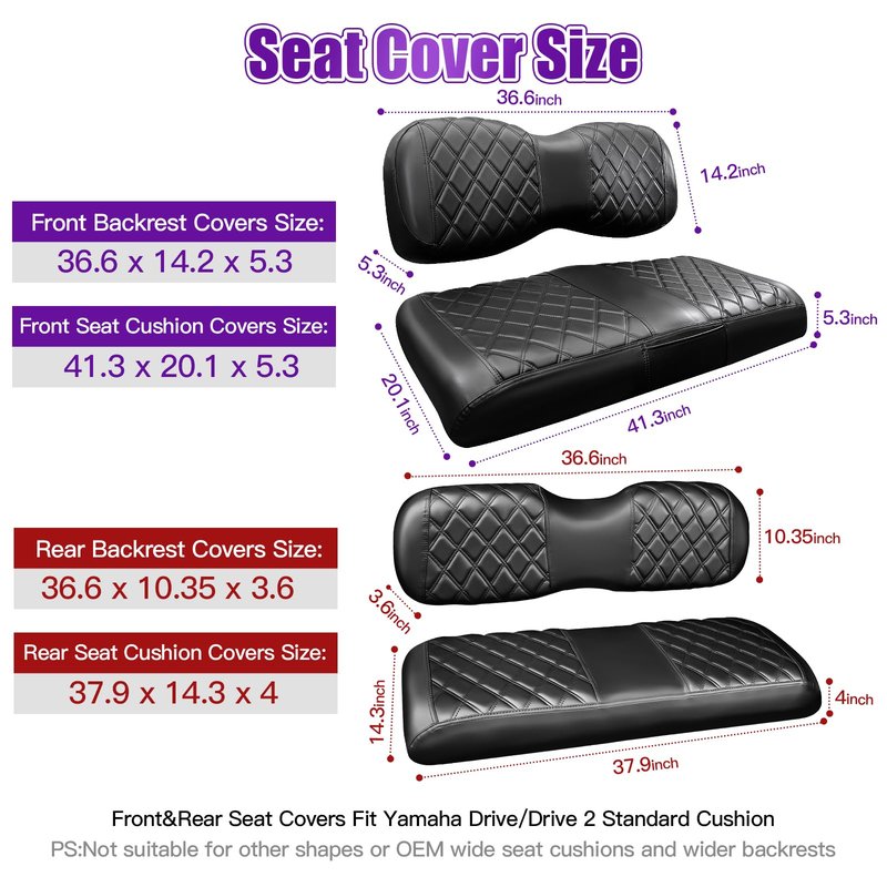 PZWLI 4PCS Golf Cart Seat Covers Kit with Pocket,Front and Rear Vinyl Replacement Seat Cover for Yamaha Drive/Drive2 Standard Cushion,No Stapler, Black