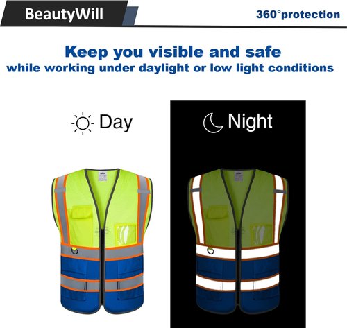 BeautyWill High Visibility Safety Vest - Class 2 Reflective & Breathable Construction Gear