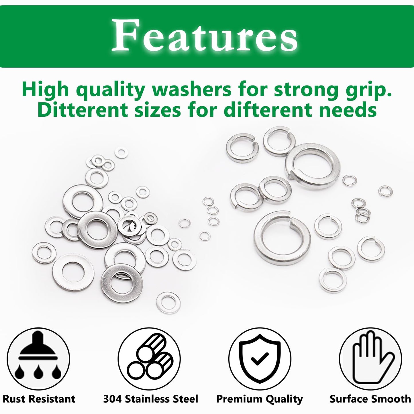 Aienxn 1000PCS Spring Lock Washers Assortment Kit, 9 Metric Sizes -M2, M2.5, M3, M4, M5, M6, M8, M10, M12, 304 Stainless Steel Washers for Bolts Screws, Split Lock Washer Set