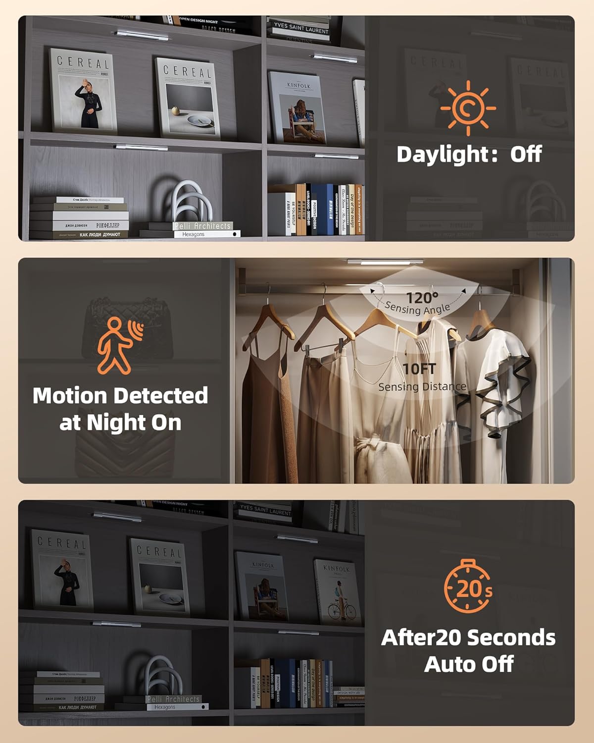 Rechargeable LED Under Cabinet Lighting - 6 Pack Motion Sensor Lights with Charging Station, 3 Color Dimmable for Kitchen & Stair