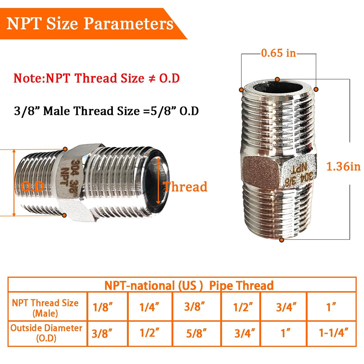 Gadoutcover 4PCS Hex Stainless Steel Nipple 3/8"NPT Male X 3/8" NPT Male Pipe Fitting 3/8 inch Stainless Steel Pipe Nipples Male Pipe Adapter Fittings Heavy Equal Nipples Connectors