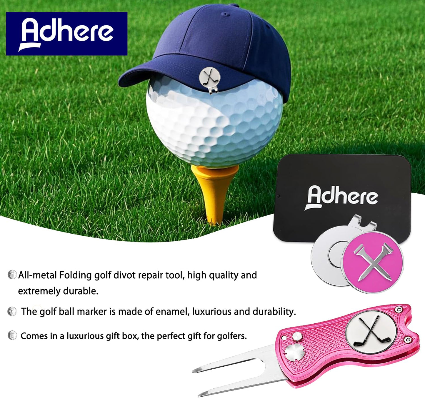 Adhere Golf Ball Markers & Divot Tools Personlized Enamel Ball Markers with a Magentic hat Clip,Unique Premium Golf Accessories Gift for Golfer. (E-Golf tees+Golf Club +Pink Divot Tools)