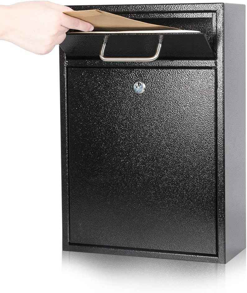 Secure Wall-Mount Mailbox with Lock | KYODOLED Large Steel Drop Box, Black, 16.2H x 11.22L x 4.72W