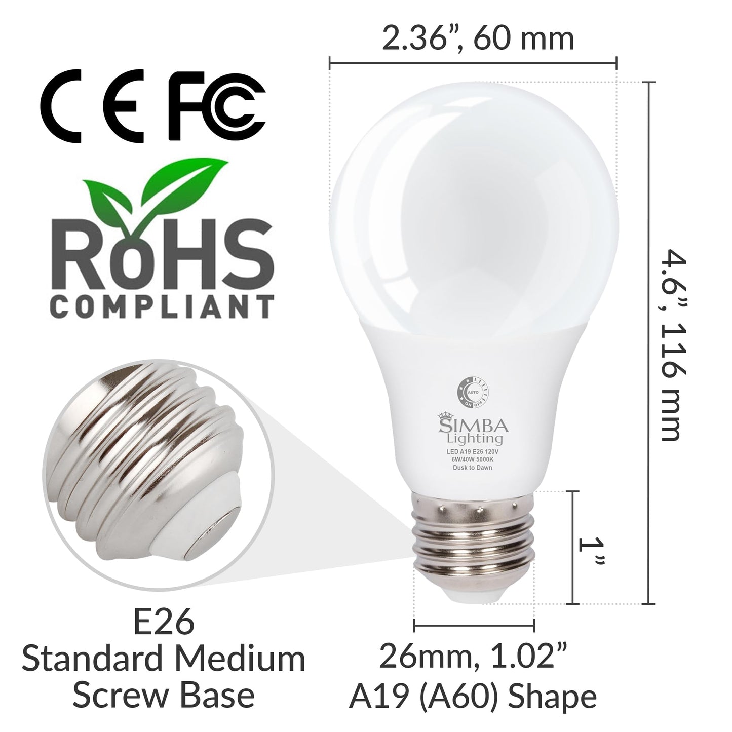 Simba Lighting LED Outdoor Light Bulbs with Photocell Sensor Dusk to Dawn Smart Auto On and Off (2 Pack) A19 6W 40W Replacement for Porch, Night Light, Garage Door, E26 Medium Base, 5000K Daylight