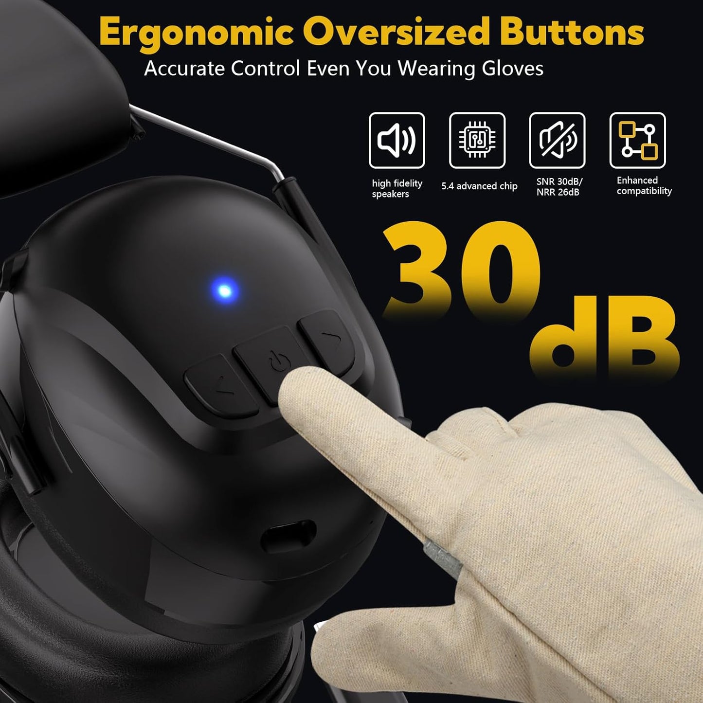 Bluetooth 5.4 Hearing Protection Earmuffs - 120H Rechargeable 30dB Safety Headphones with Mic for Mowing & Construction