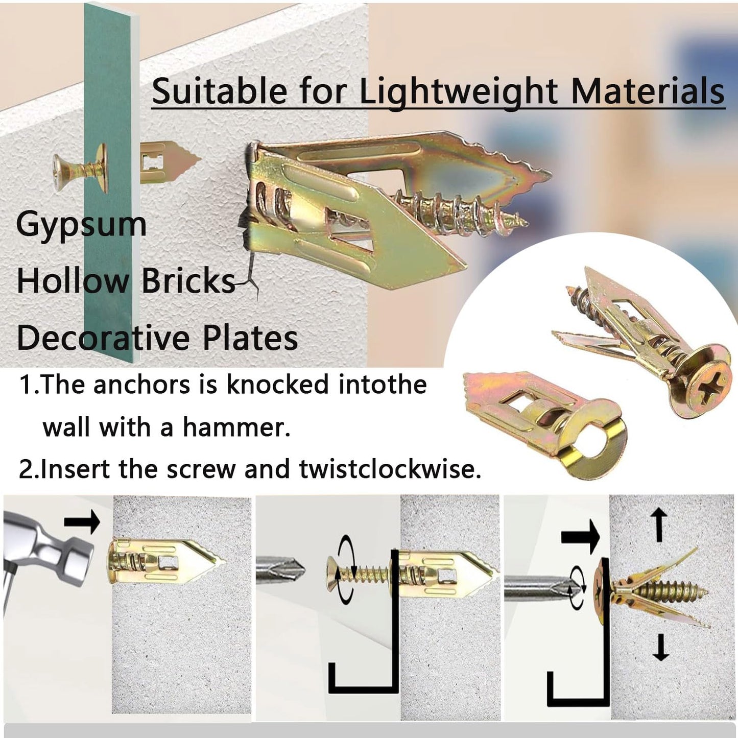 100Pcs Self Drilling Drywall Anchors, Metal Expansion Bolt for Drywall No Drilling Required, for Hanging Sheetrock (50PCS Steel Anchors and 50PCS Zinc Screws)