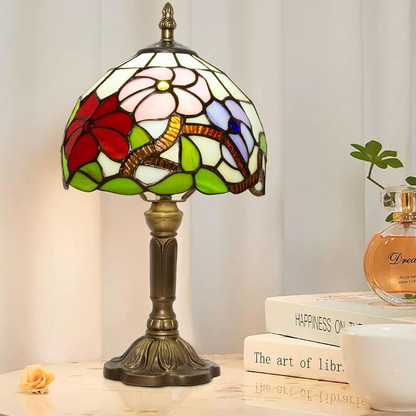 Tiffany Table Lamp - 8 Inch Antique Stained Glass, 3 Color Temperatures, Handcrafted for Bedroom & Living Room