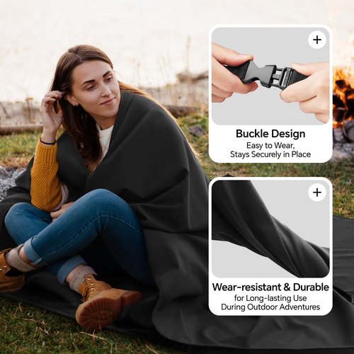 BEDELITE Large Waterproof 315GSM Camping Blanket 2.75LB, Lightweight Packable Blanket for Car, Foldable Fleece Stadium Blanket for Outdoor Sports, Wearable, Machine Washable, 55" x 80" Twin,Black
