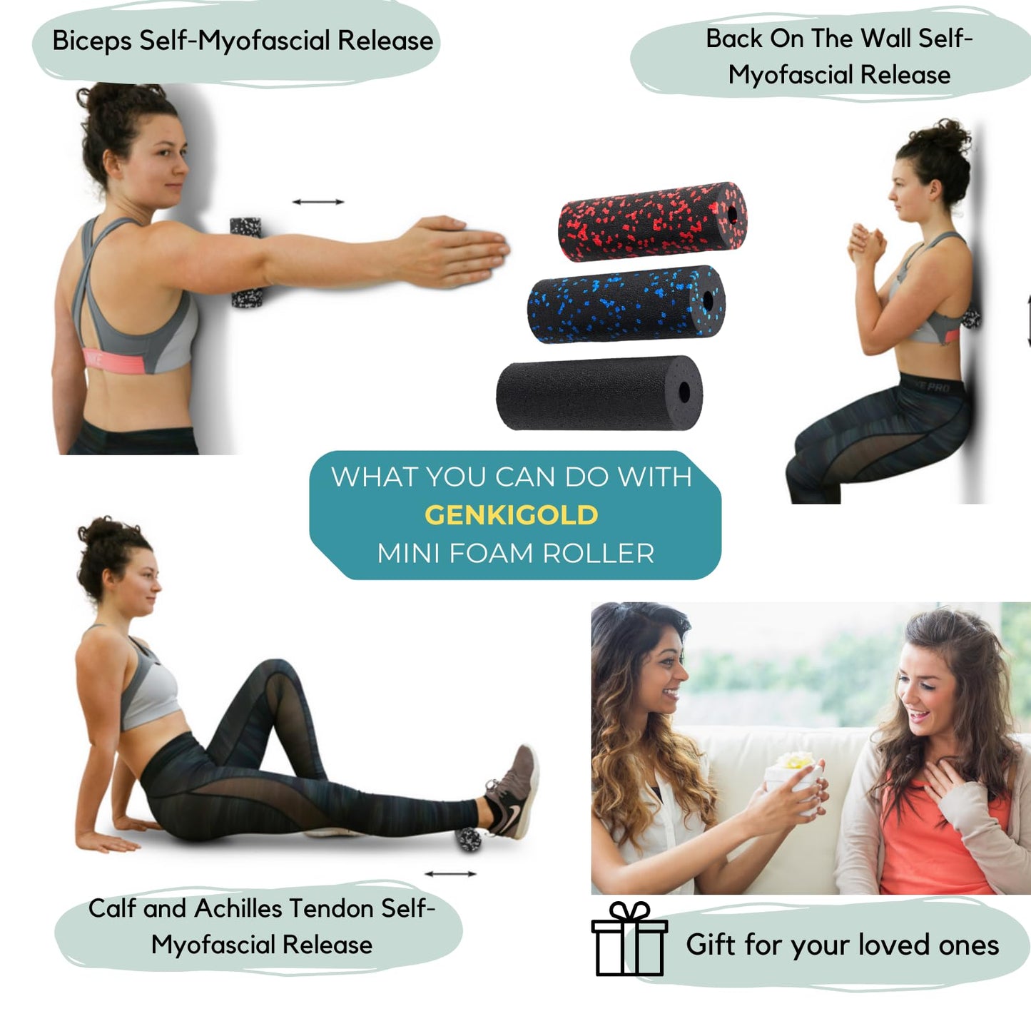 Genkigold Mini Massage Foam Roller High Density - 100% Recycled Non-Toxic Material - Portable Pocket-Sized for Travel - Foot Arch,Legs & Arms Pain Target - Waterproof and Durable 15x6cm(Black)