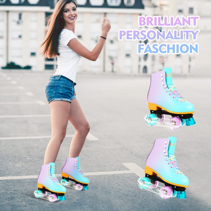 LIKU Quad Roller Skates for Girl and Women with All Wheel Light Up,Indoor/Outdoor Lace-Up Fun Illuminating Roller Skate for Kid (Purple, J12-J13)