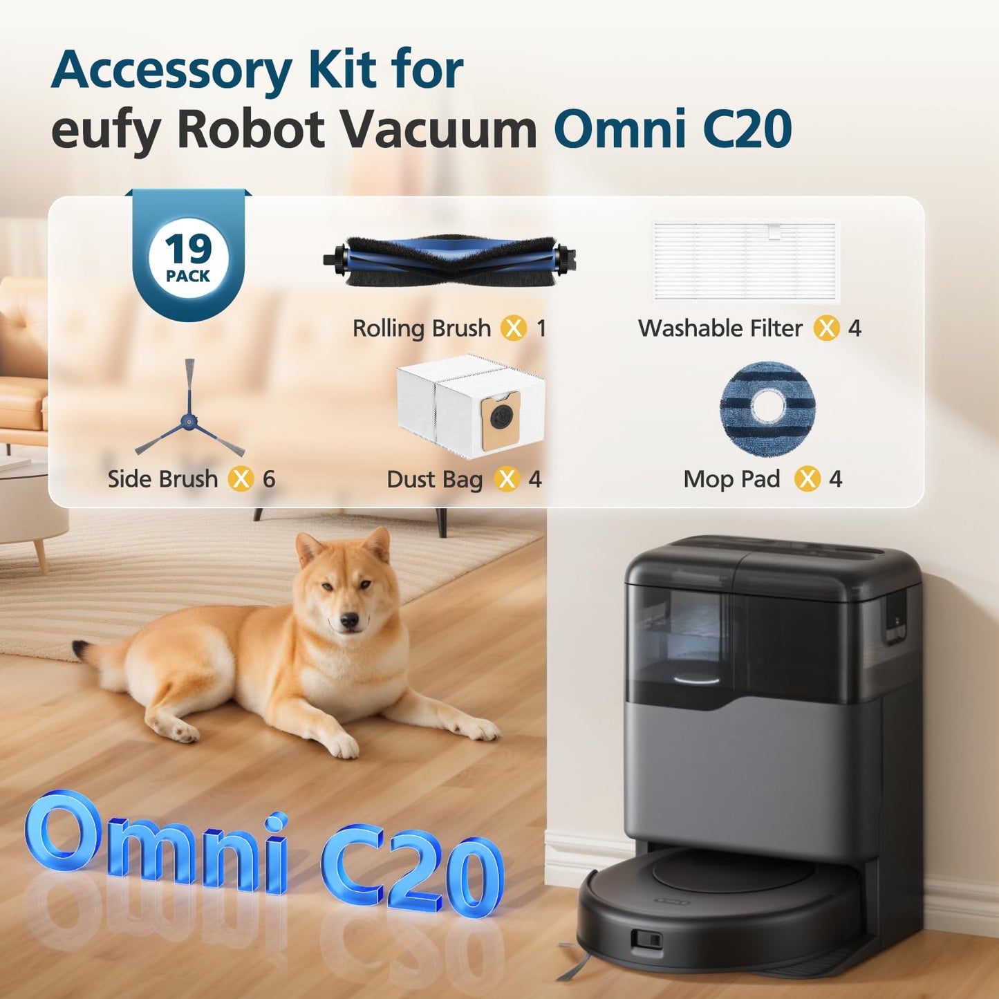 𝗢𝗺𝗻𝗶 𝗖𝟮𝟬 Accessory Kit for eufy Omni C20 Robot Vacuum, 𝟭𝟵 𝗣𝗔𝗖𝗞 Replacement Parts Include: 1* Main Rolling Brush, 4* Washable Filter, 6* Side Brush, 4* Dust Bag, 4* Mop Pad