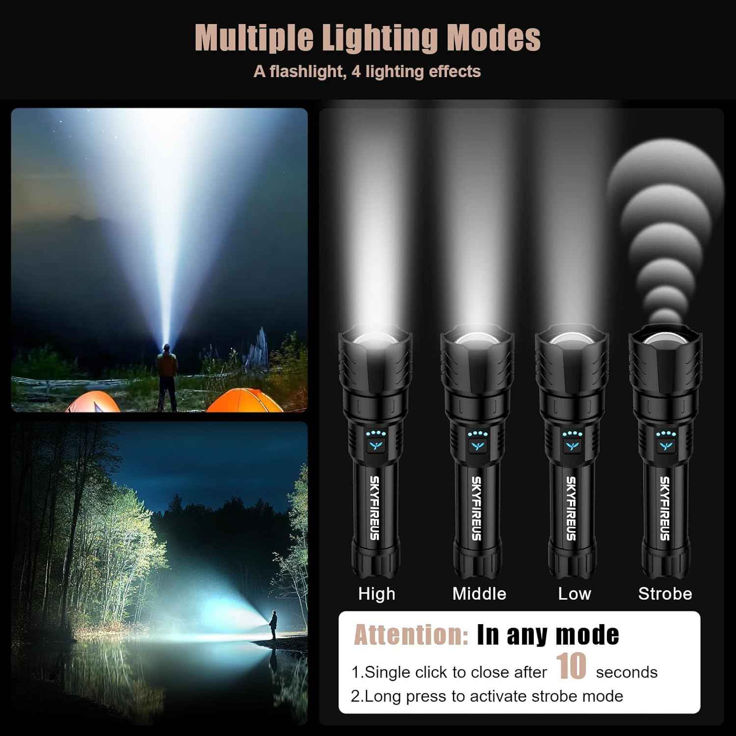 2000 Lumen Rechargeable LED Flashlight - Waterproof Tactical Light with Zoom & 4 Modes for Camping & Outdoor Use