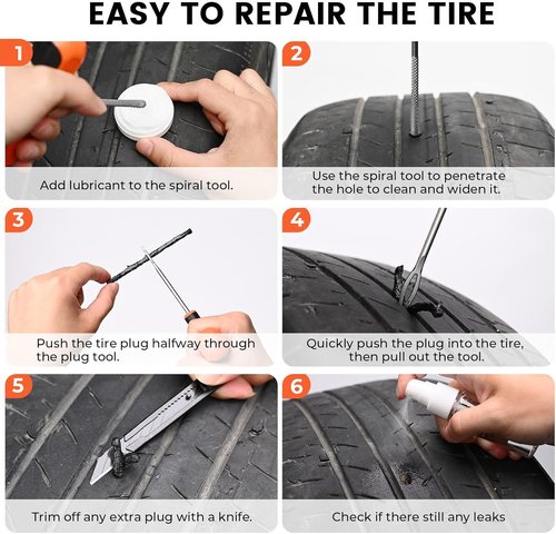 ETENWOLF Heavy Duty Tire Repair Kit - 16 Pcs Plug Set for Cars, Motorcycles, ATVs & Trucks | Vivid Orange