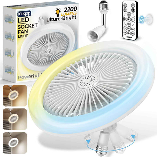 Adjustable Socket Fan Light with Remote and Extender, 2200LM Enclosed LED Light Bulb Fan, Small Screw in Ceiling Fan, Mini Socket Air Light for Bedroom Garage, Wireless Small Ceiling Fans with Lights