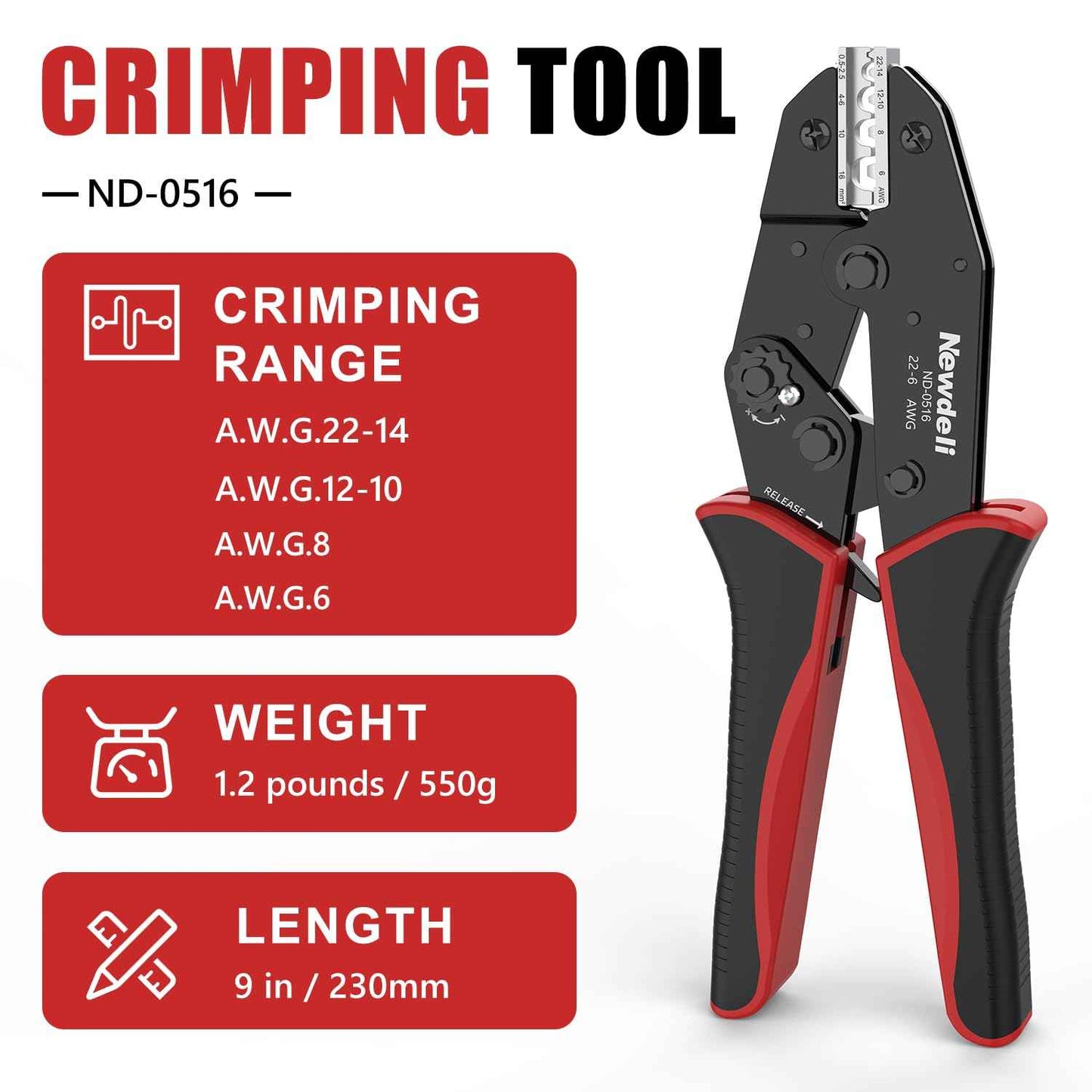 Newdeli Wire Crimping Tool for Non Insulated Butt Wire Connectors - AWG 22-6 Ratchet Wire Crimper Tool Electrical Non Insulated Ring Terminals Ratcheting Crimping Plier Crimp Tool