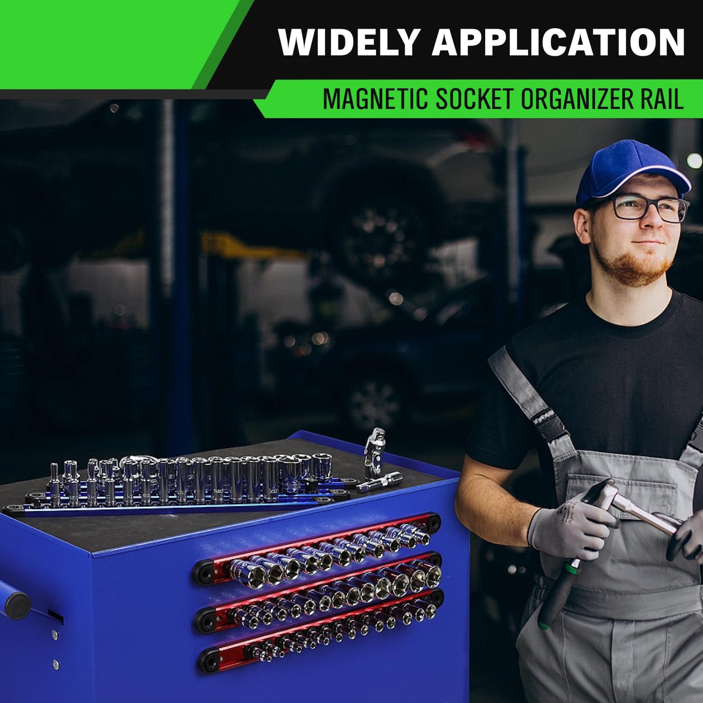 3/8-Inch Magnetic Socket Organizer Rail, Aluminum Alloy Socket Rail, Heavy Duty Sockets Holder with 14 Clips, 360° Swivel Clip Tool Tray, Sockets Organizer for Tool Box Drawer (Red)