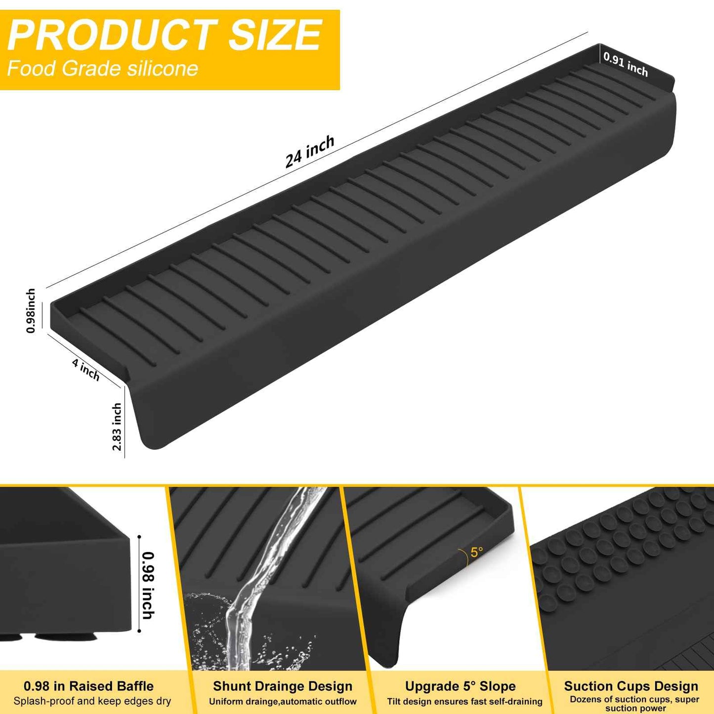 Kitchen Sink Splash Guard, 4 * 24‘’ Sink Edge Protector with Suction Cups, Silicone Faucet Splash Guard & Draining Mat for Kitchen, Bathroom Sink, Steel, Granite, Quartz Countertops (Black)