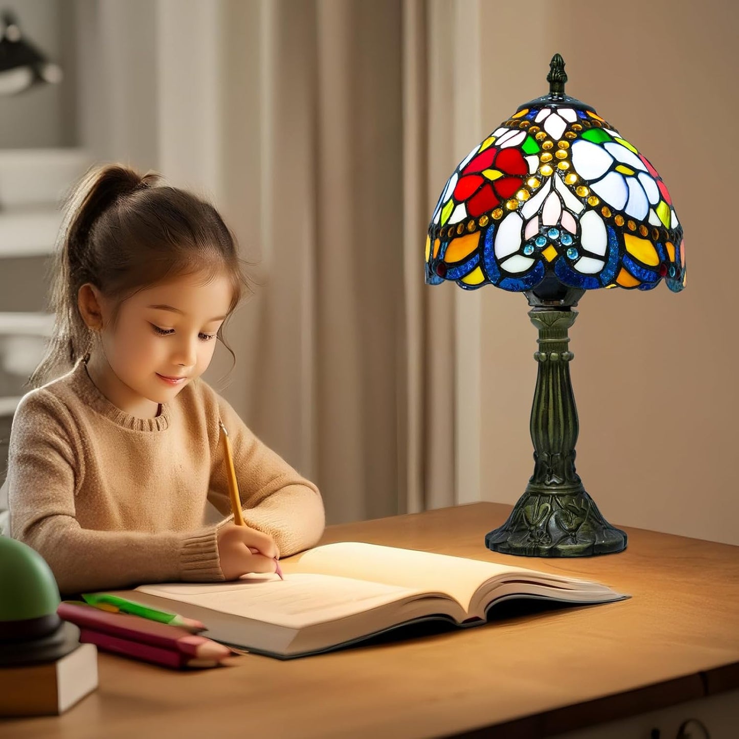 Tiffany Table Lamp - 8 Inch Antique Stained Glass, 3 Color Temperatures, Handcrafted for Bedroom & Living Room