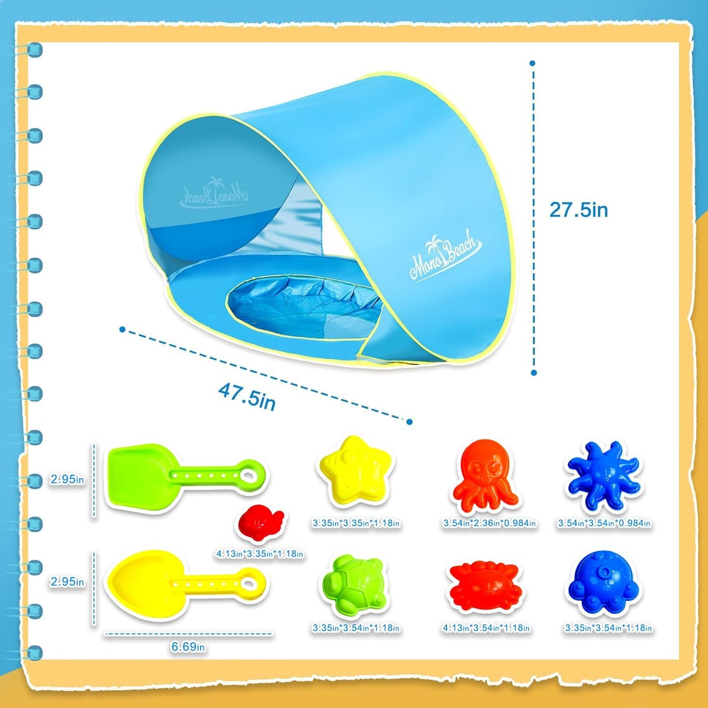 Monobeach Baby Beach Tent - Portable UPF50+ UV Protection Sun Shelter with Sand Toys | Blue